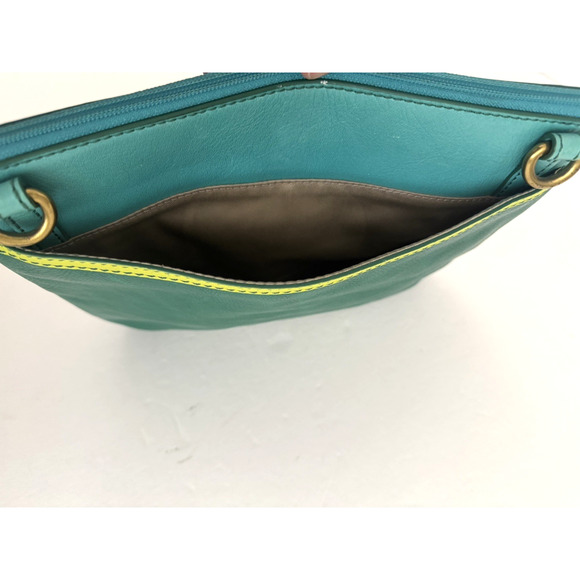 Fossil Crossbody Bag Green Blue Leather Top Zip Multiple-Pockets Convertible - Picture 11 of 16